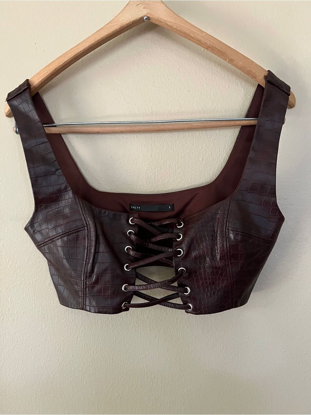 Faux Leather Croc-Embossed Lace-Up Dark Brown Crop Corset Top Size S
